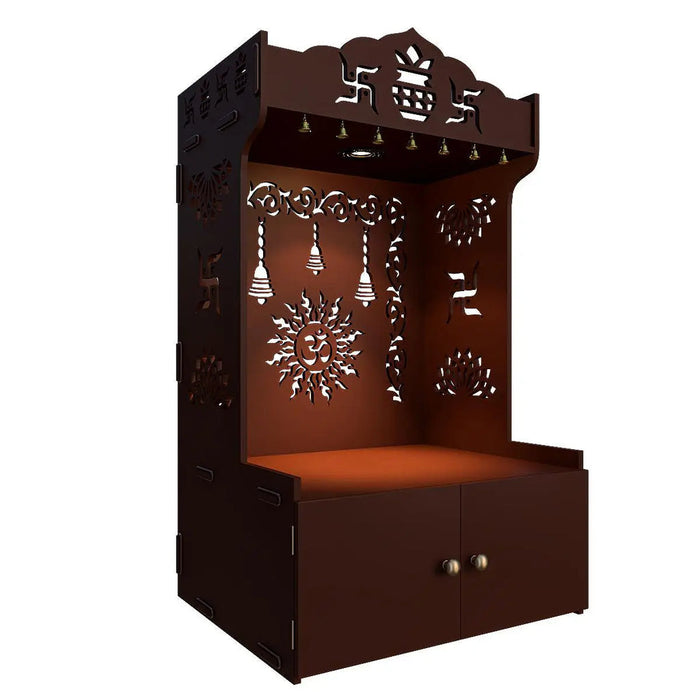 Aesthetic Brown Wooden Temple for Home with Spacious Shelf & Inbuilt Focus Light