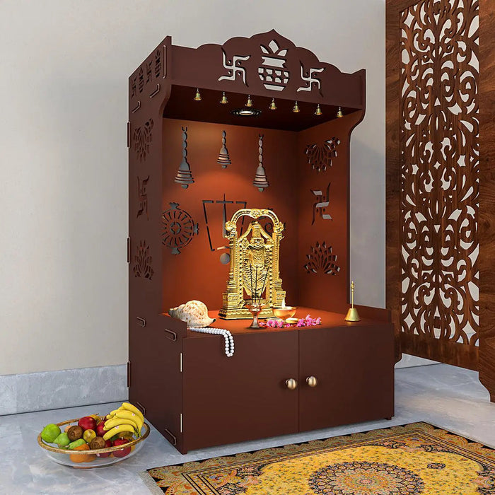 Intricate Detailed Brown Floor Temple with Spacious Shelf & Inbuilt Focus Light - Wooden