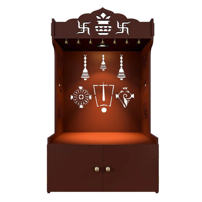 Intricate Detailed Brown Floor Temple with Spacious Shelf & Inbuilt Focus Light - Wooden