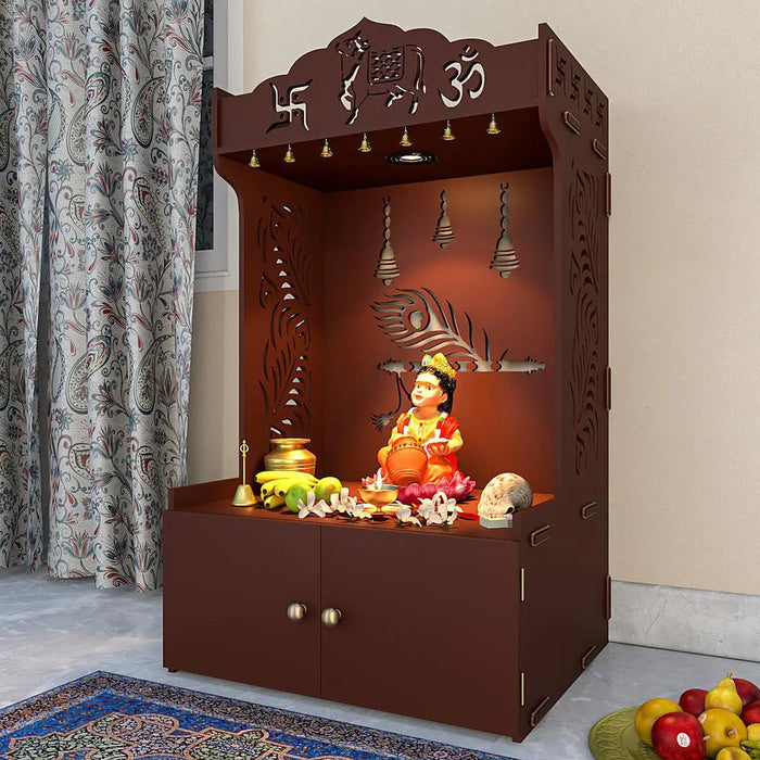 Mor Pankh Wooden Floor Temple With Spacious Shelf & Inbuilt Focus Light- Brown