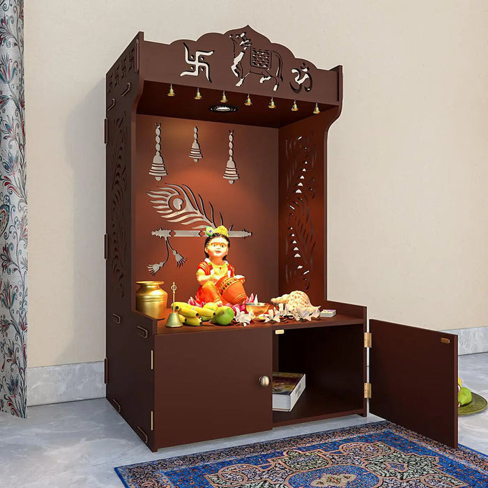 Mor Pankh Wooden Floor Temple With Spacious Shelf & Inbuilt Focus Light- Brown