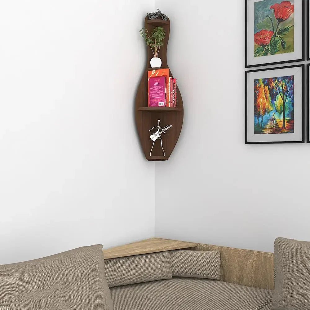 Bowling Shape Wood Corner Wall Shelf / Book Shelf,Walnut Finish - All India Decor