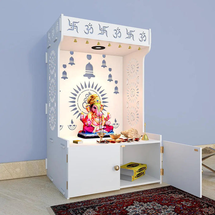 Divine Wooden White Home Temple With Spacious Shelf & Inbuilt Focus Light