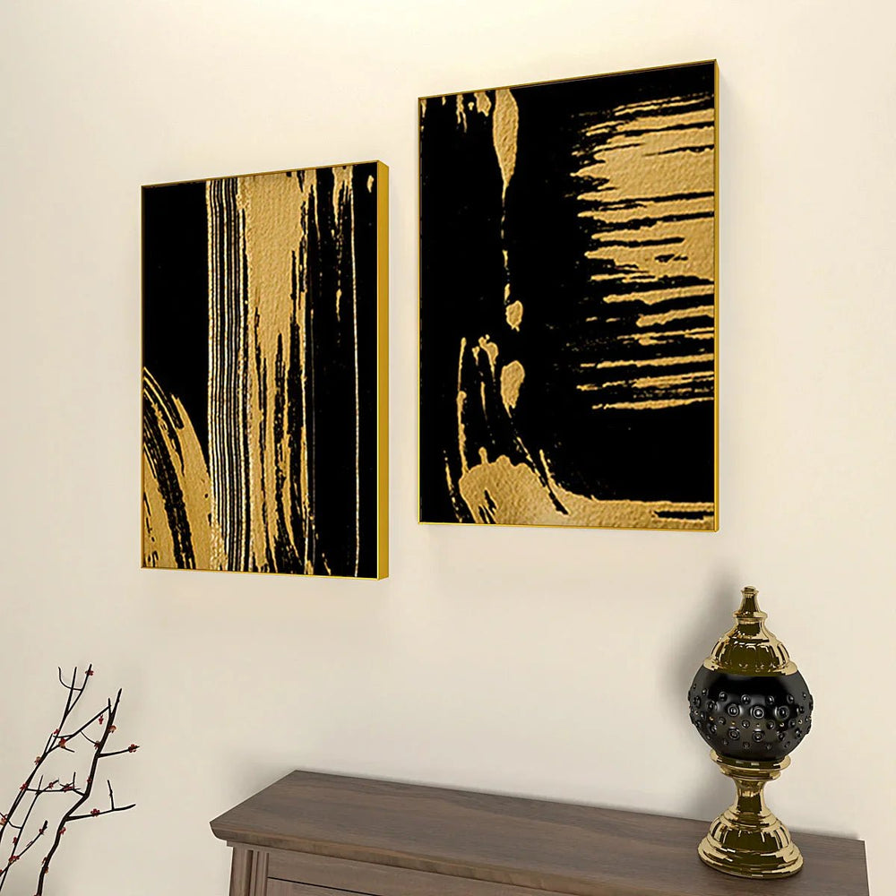 The Abstract Gold & Black Brushed Frames Set Of 2 - All India Decor