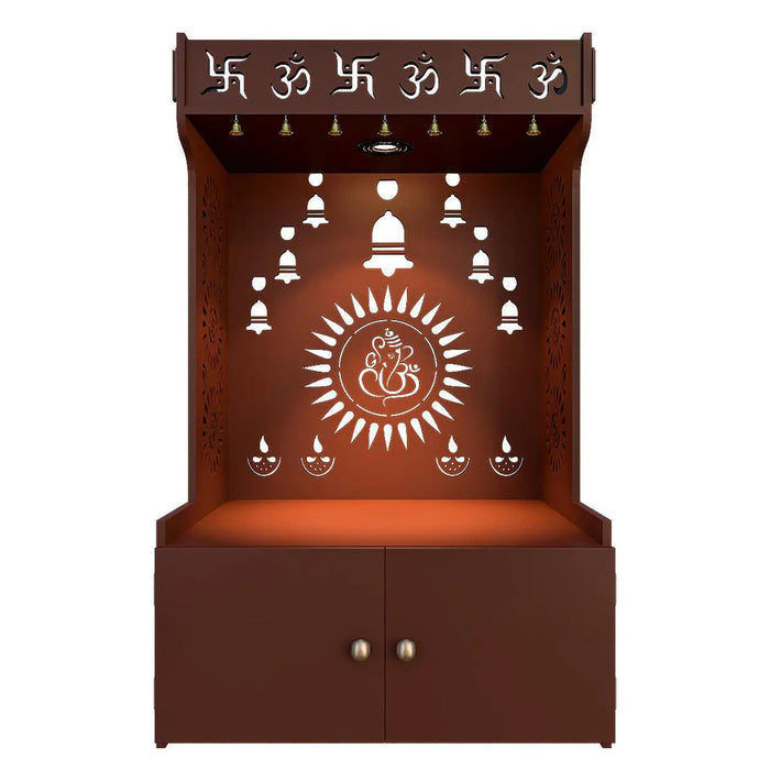 Divine Wooden Brown Home Temple With Spacious Shelf & Inbuilt Focus Light