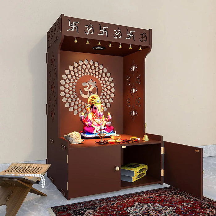 Om Chakra Floor Temple with Spacious Wooden Shelf & Inbuilt Focus Light- Brown