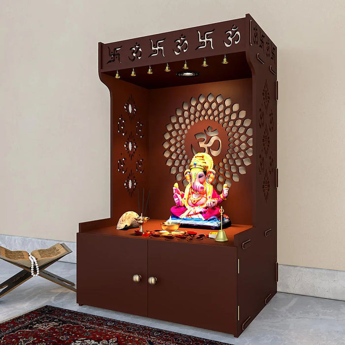 Om Chakra Floor Temple with Spacious Wooden Shelf & Inbuilt Focus Light- Brown