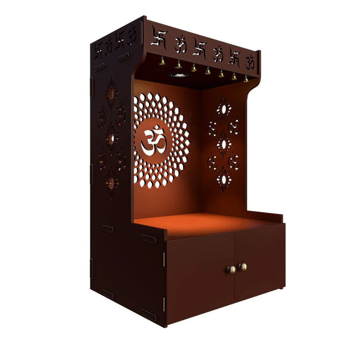 Om Chakra Floor Temple with Spacious Wooden Shelf & Inbuilt Focus Light- Brown