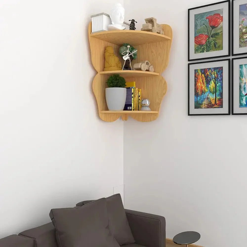 Butterfly Shape Wood Corner Wall Shelf / Book Shelf,Oak Finish - All India Decor
