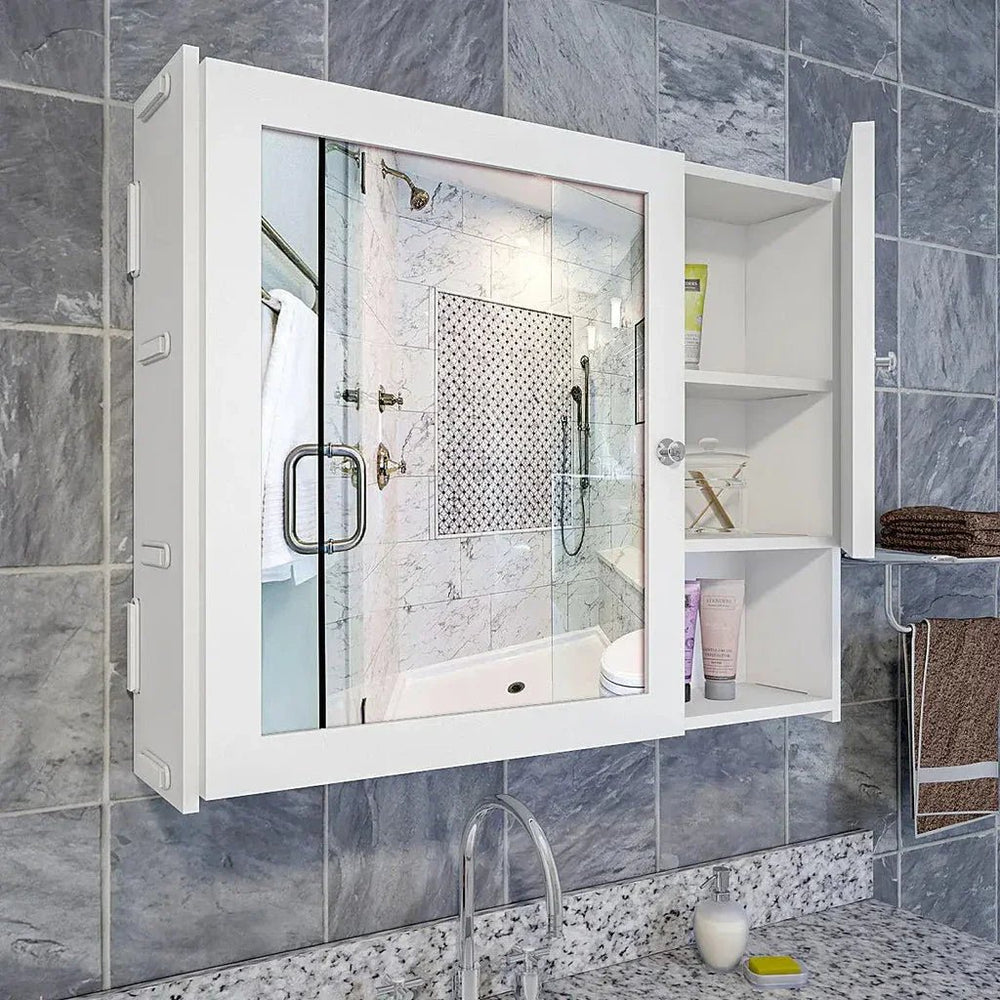 Sturdy Wooden Bathroom Storage Cabinet with Mirrors & 5 Spacious Shelves - White - All India Decor