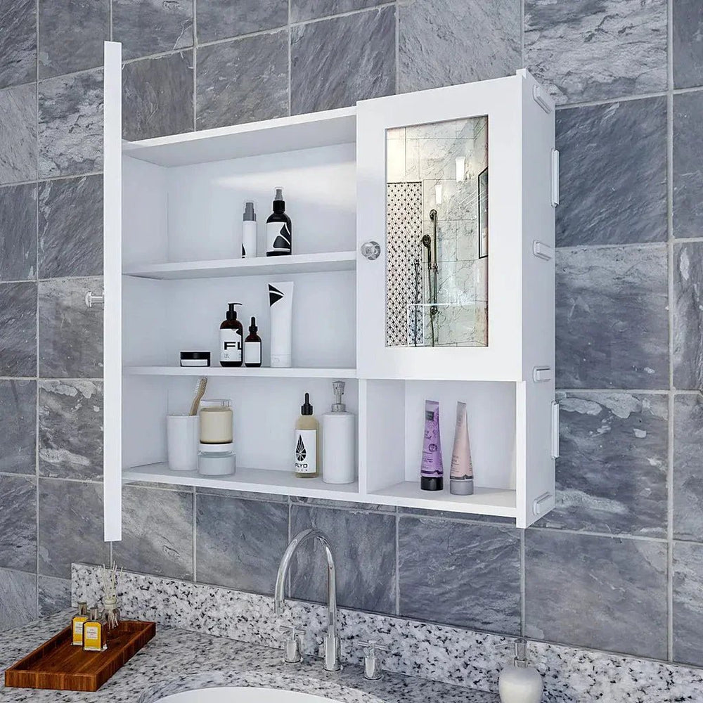 Sturdy Wooden Bathroom Storage Cabinet with Mirrors & 5 Spacious Shelves - White - All India Decor