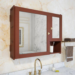Sturdy Wooden Bathroom Storage Cabinet with Mirrors & 5 Spacious Shelves - Solid Brown - All India Decor
