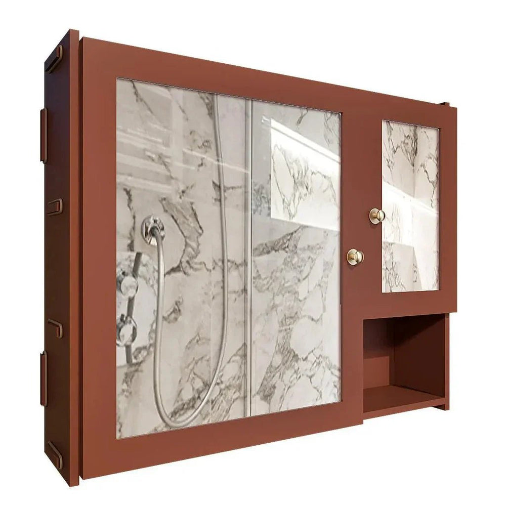 Sturdy Wooden Bathroom Storage Cabinet with Mirrors & 5 Spacious Shelves - Solid Brown - All India Decor