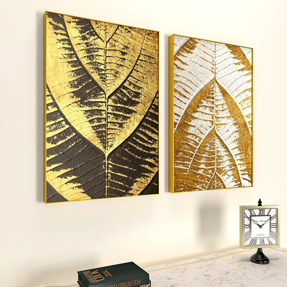 Intricacy Of Leaf Gold & White Art Frames Set Of 2 - All India Decor