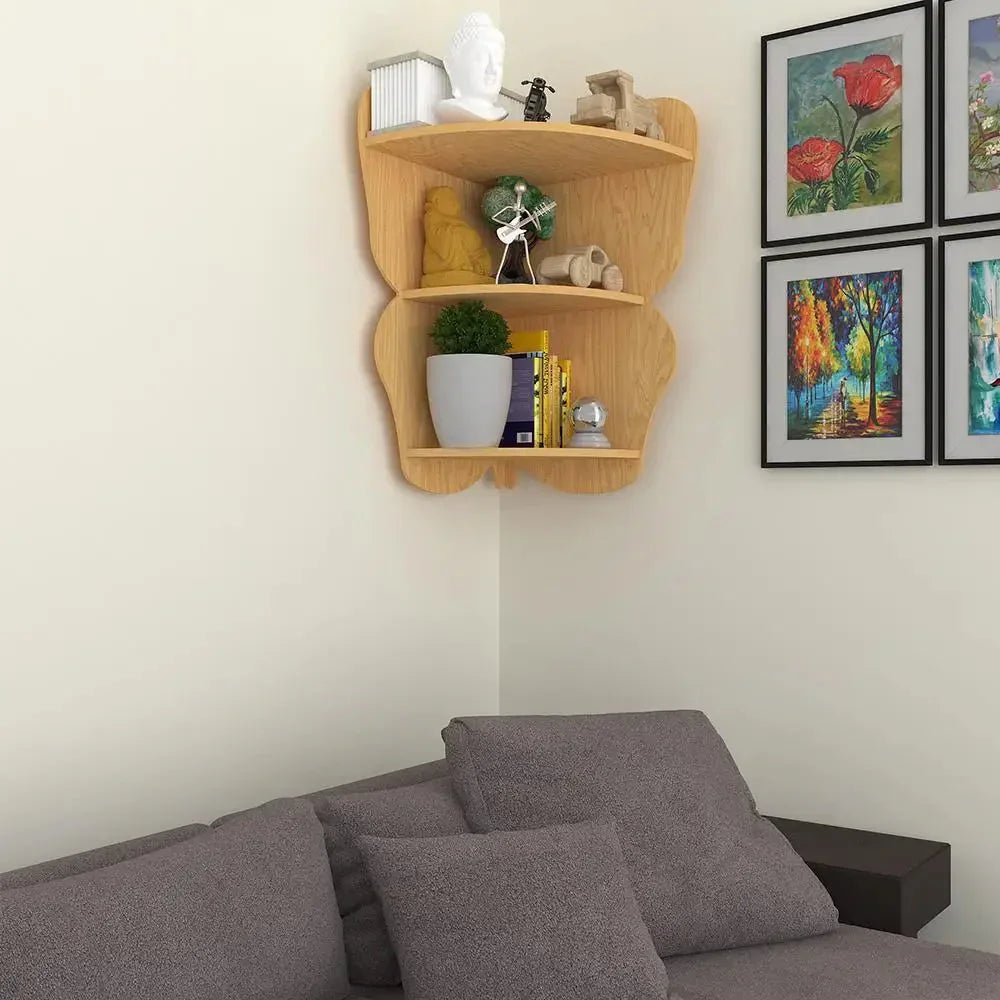 Butterfly Shape Wood Corner Wall Shelf / Book Shelf,Oak Finish - All India Decor