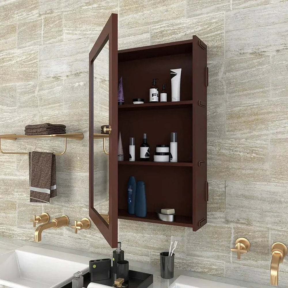 Structured Wooden Bathroom Cabinet with 3 Spacious Shelves - Solid Brown - All India Decor