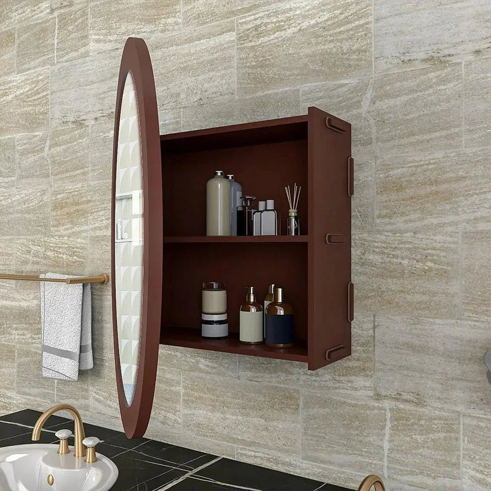 Modish Circular Wooden Bathroom Cabinet with 2 Spacious Shelves - Solid Brown - All India Decor