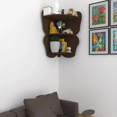 Butterfly Shape Wood Corner Wall Shelf / Book Shelf,Walnut Finish - All India Decor