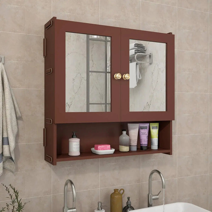 Space Saving Bathroom Mirror Cabinet with 5 Spacious Shelves- Solid Brown