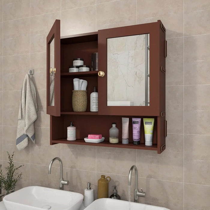 Space Saving Bathroom Mirror Cabinet with 5 Spacious Shelves- Solid Brown