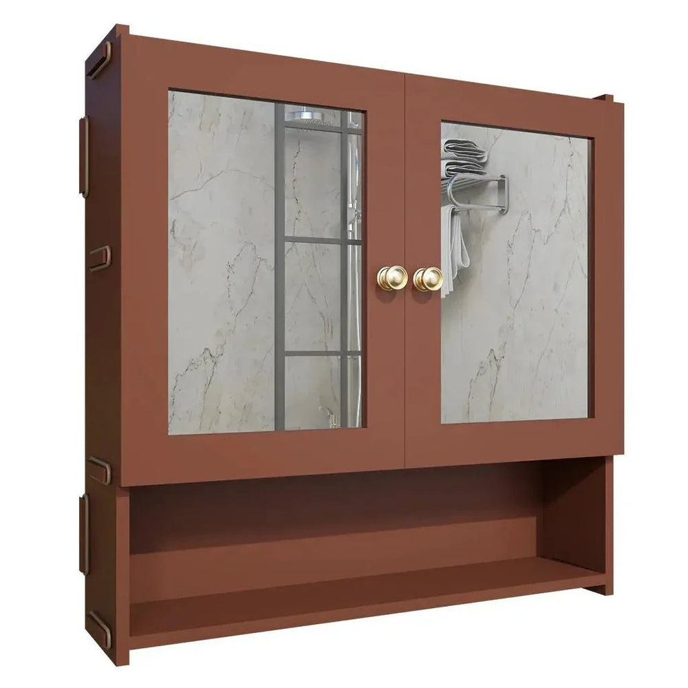 Space Saving Bathroom Mirror Cabinet with 5 Spacious Shelves - Solid Brown - All India Decor