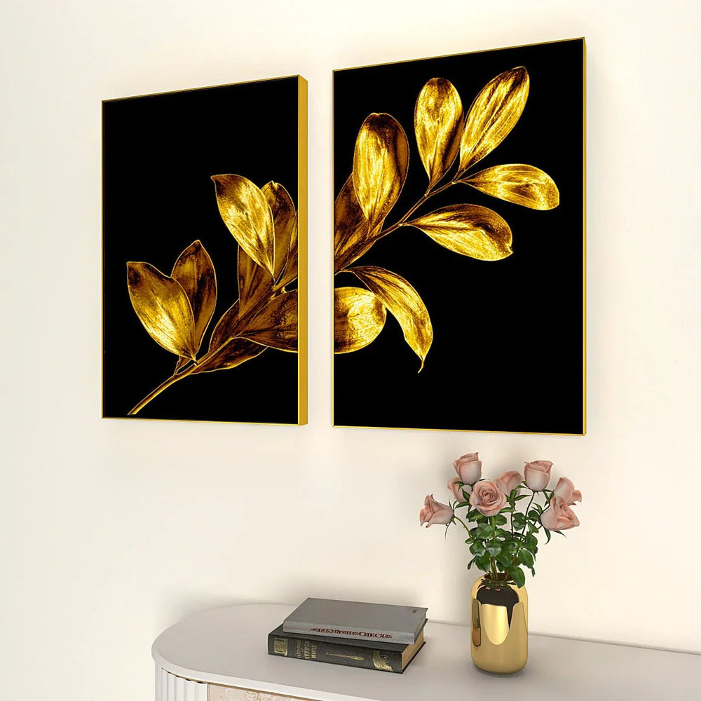Ethereal Golden Brushed Leaf Stem Frames Set Of 2 - All India Decor