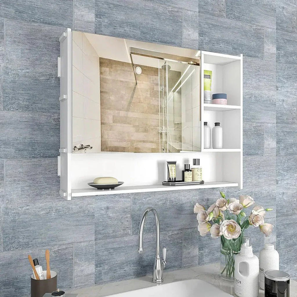 Large Bathroom Mirror Cabinet with 5 Spacious Shelves - White - All India Decor