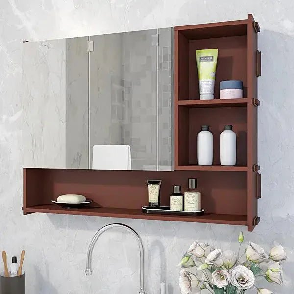 Large Bathroom Mirror Cabinet with 5 Spacious Shelves - Solid Brown - All India Decor
