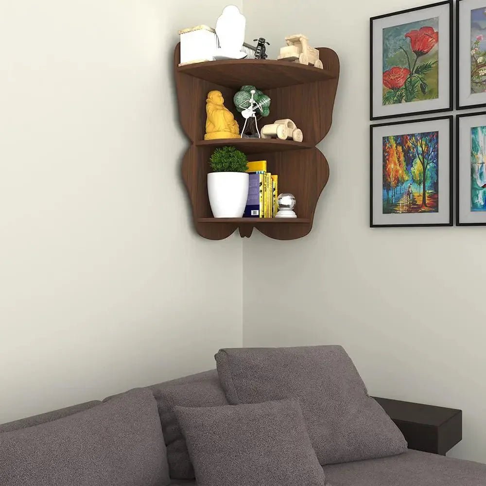 Butterfly Shape Wood Corner Wall Shelf / Book Shelf,Walnut Finish - All India Decor
