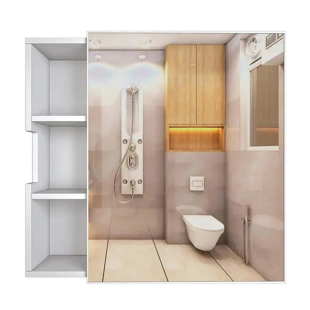Chic Wooden Bathroom Cabinet with 3 Open Shelves - White - All India Decor