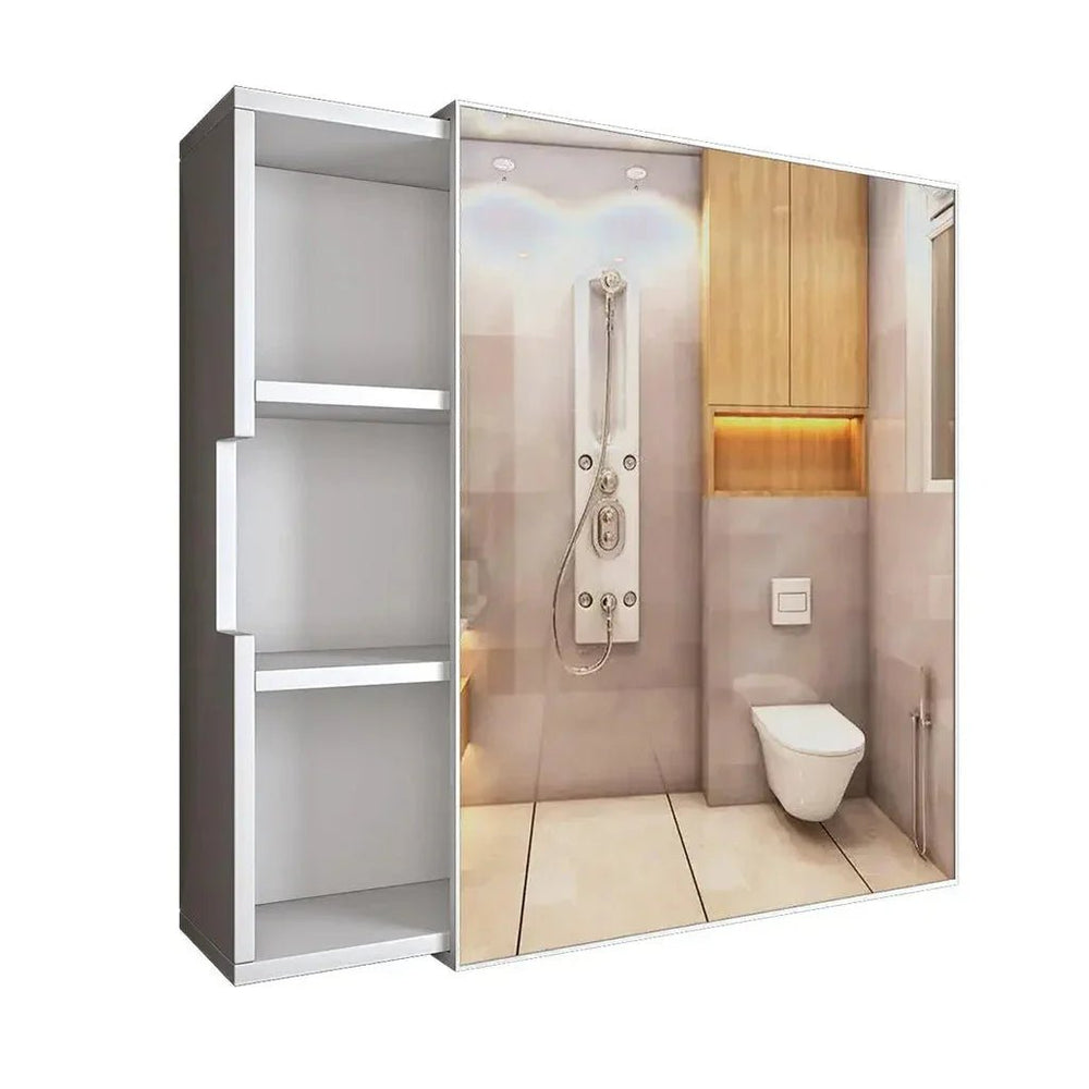 Chic Wooden Bathroom Cabinet with 3 Open Shelves - White - All India Decor