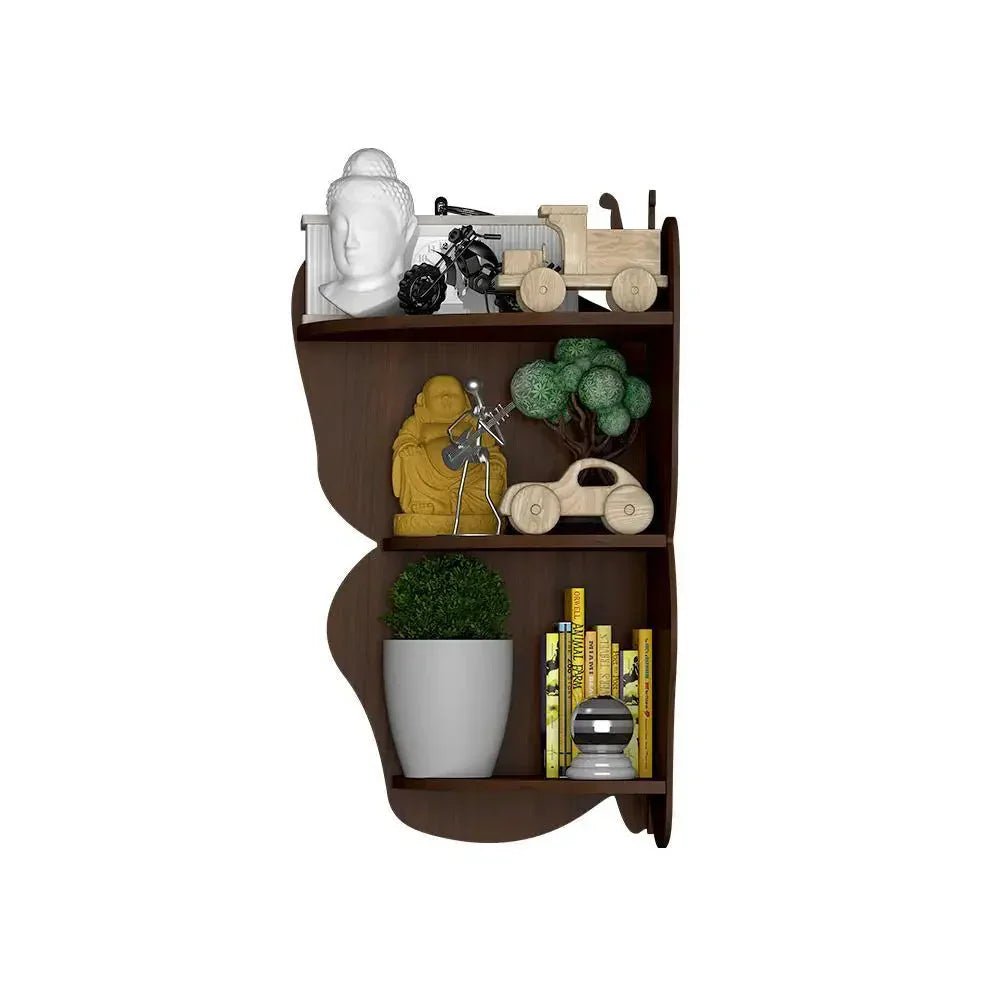 Butterfly Shape Wood Corner Wall Shelf / Book Shelf,Walnut Finish - All India Decor