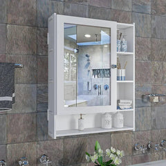 Spacious Wooden Bathroom Mirror Cabinet with 6 Shelves - White - All India Decor