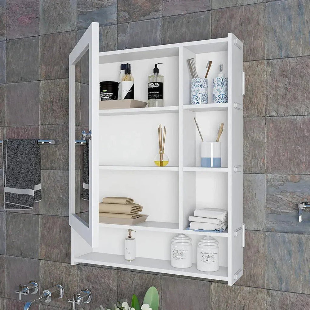 Spacious Wooden Bathroom Mirror Cabinet with 6 Shelves - White - All India Decor