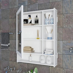 Spacious Wooden Bathroom Mirror Cabinet with 6 Shelves - White - All India Decor