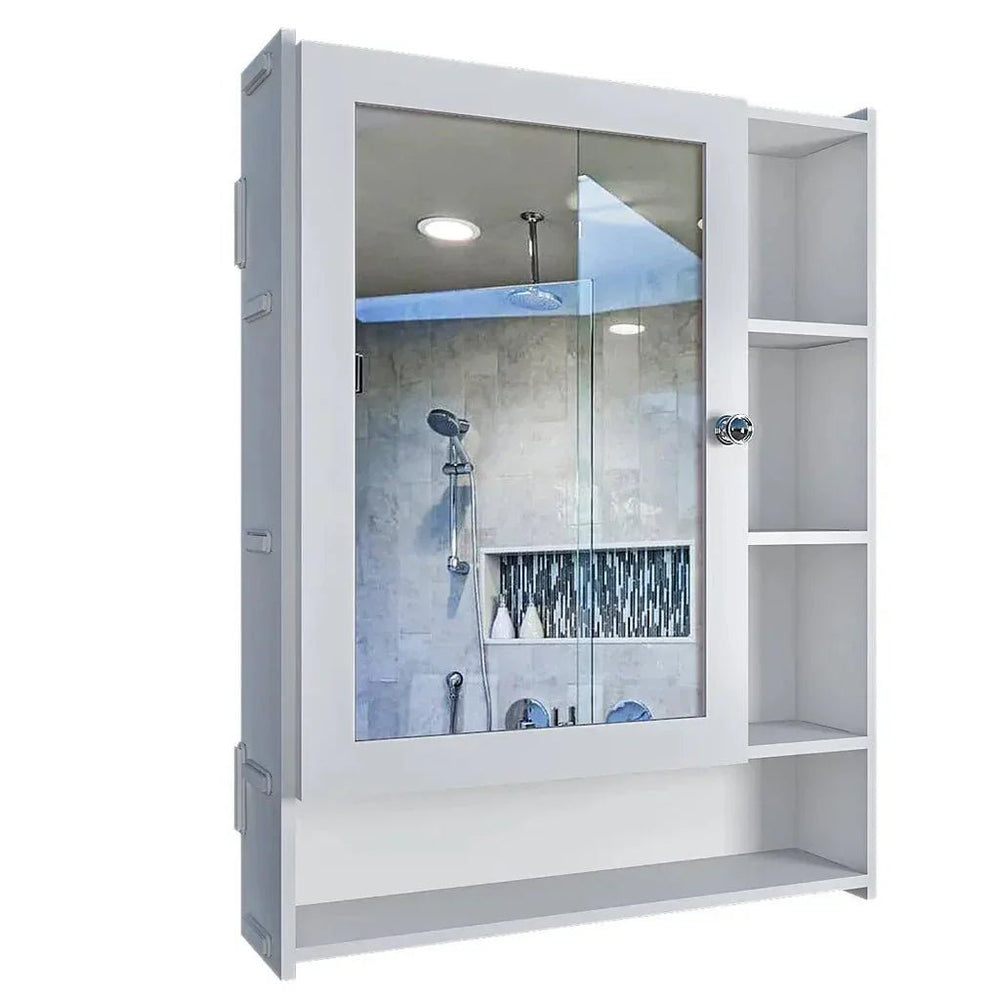 Spacious Wooden Bathroom Mirror Cabinet with 6 Shelves - White - All India Decor