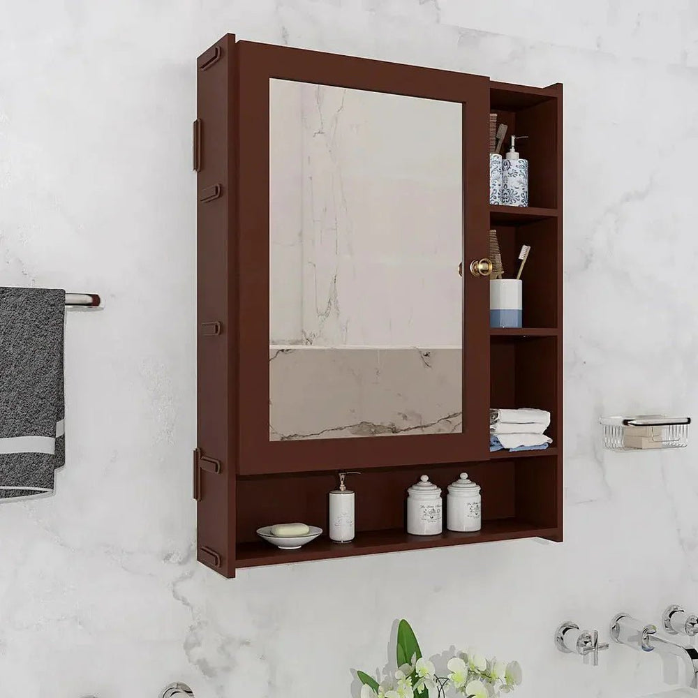 Spacious Wooden Bathroom Mirror Cabinet with 6 Shelves - Brown - All India Decor