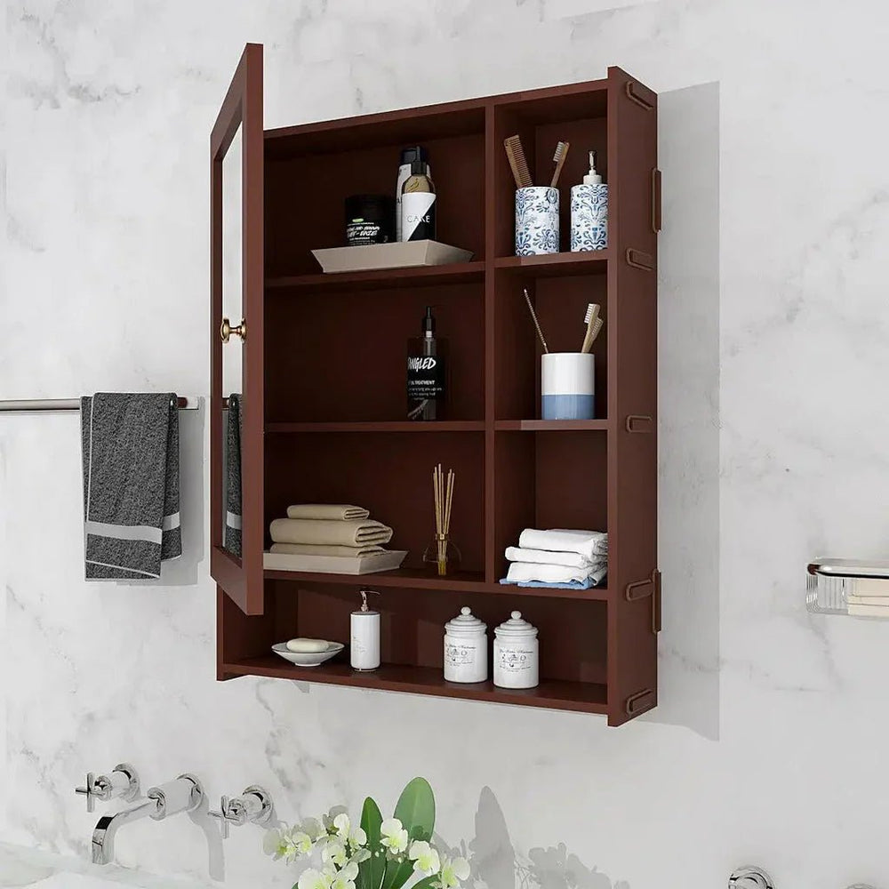 Spacious Wooden Bathroom Mirror Cabinet with 6 Shelves - Brown - All India Decor