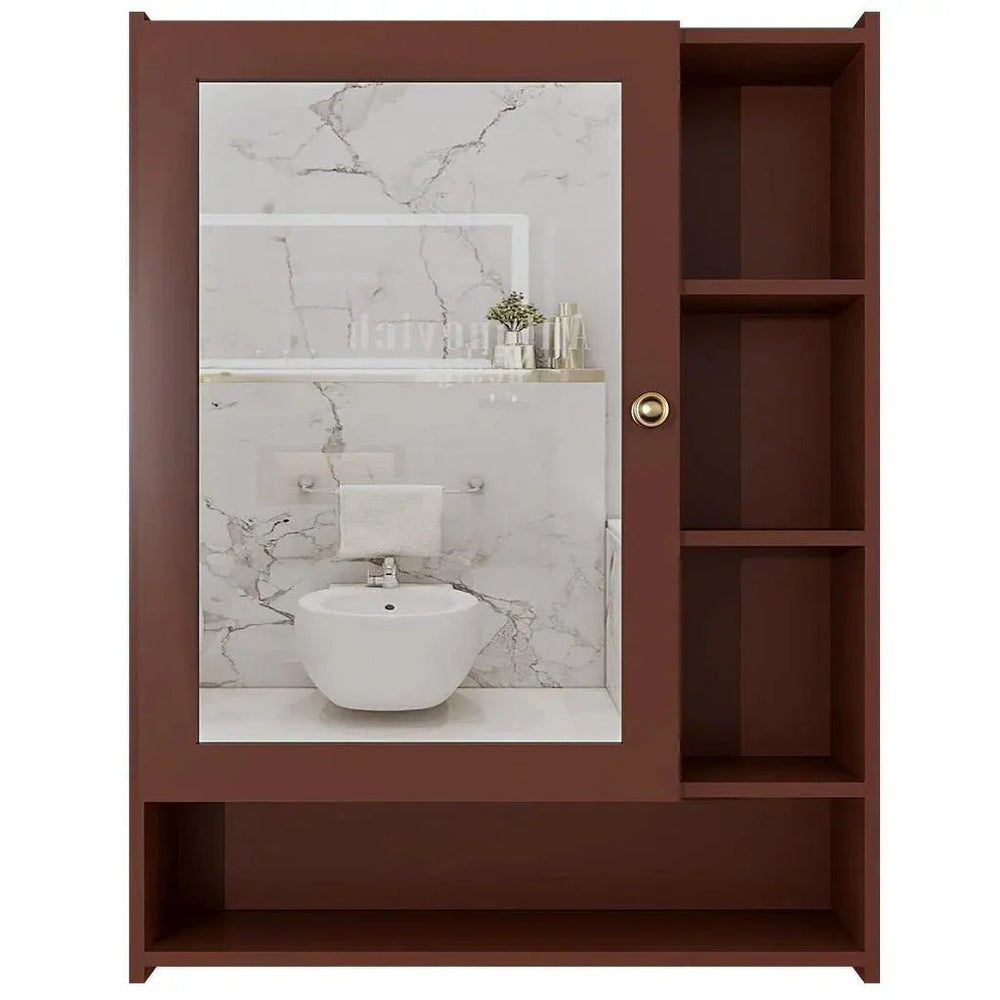 Spacious Wooden Bathroom Mirror Cabinet with 6 Shelves - Brown - All India Decor