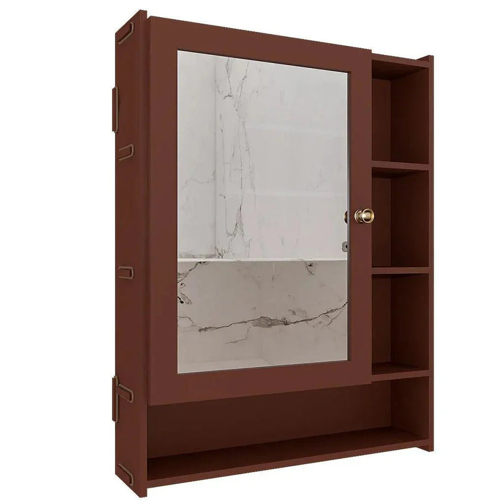 Spacious Wooden Bathroom Mirror Cabinet with 6 Shelves - Brown - All India Decor