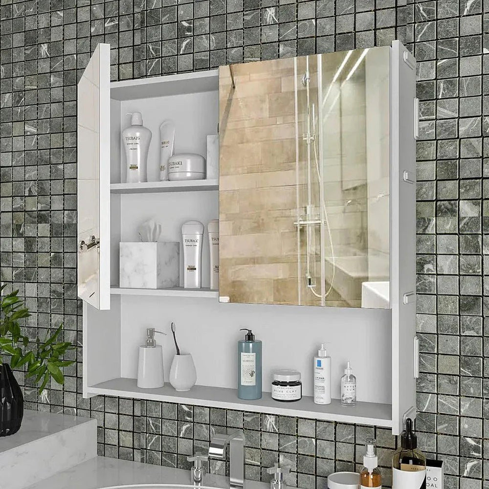 Premium Wooden White Bathroom Cabinet with Mirror & 4 Spacious Shelves - All India Decor