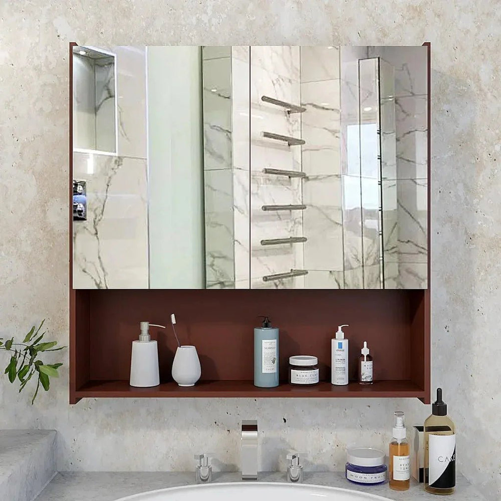 Premium Wooden Brown Bathroom Cabinet with Mirror & 4 Spacious Shelves - All India Decor
