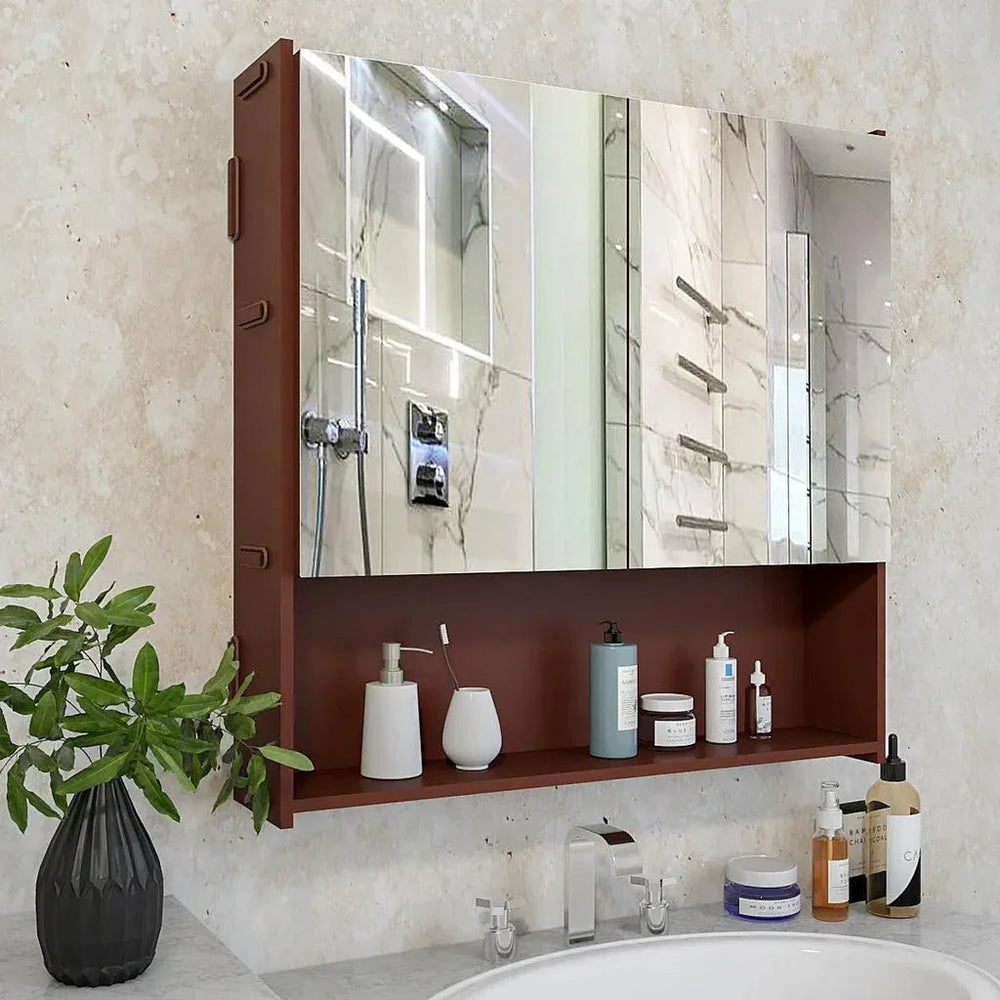 Premium Wooden Brown Bathroom Cabinet with Mirror & 4 Spacious Shelves - All India Decor