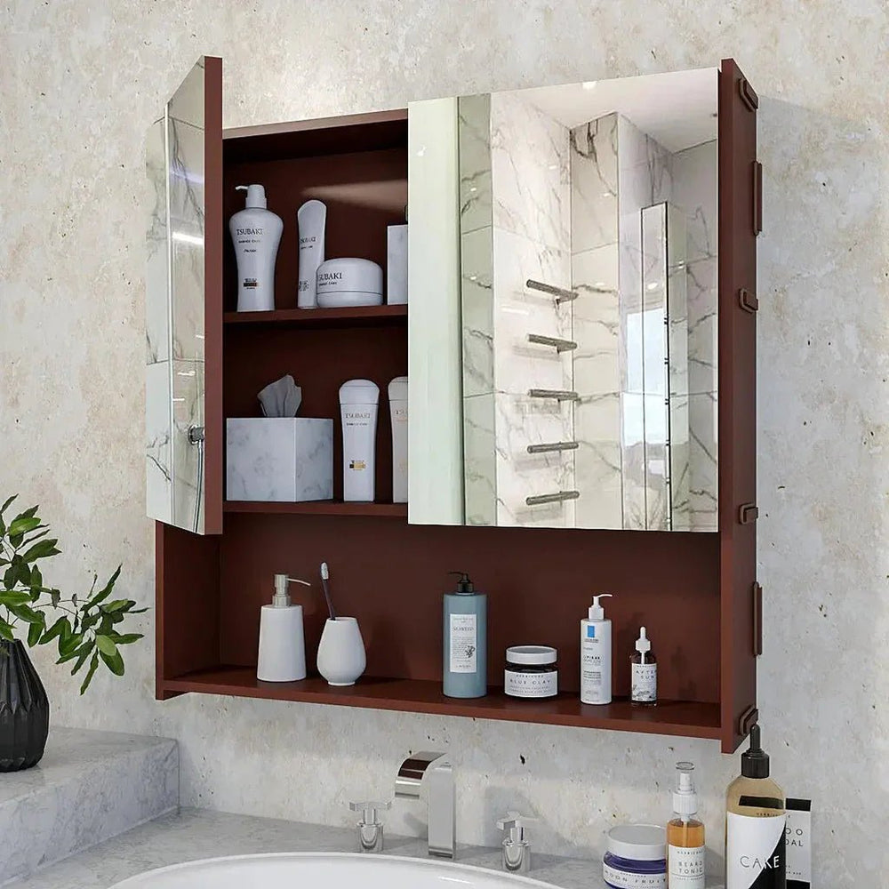 Premium Wooden Brown Bathroom Cabinet with Mirror & 4 Spacious Shelves - All India Decor