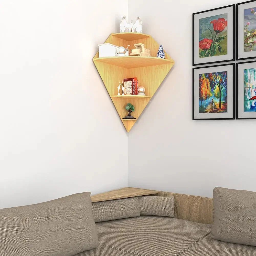Diamond Shape Wood Corner Wall Shelf / Book Shelf, Oak Finish - All India Decor
