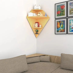 Diamond Shape Wood Corner Wall Shelf / Book Shelf, Oak Finish - All India Decor