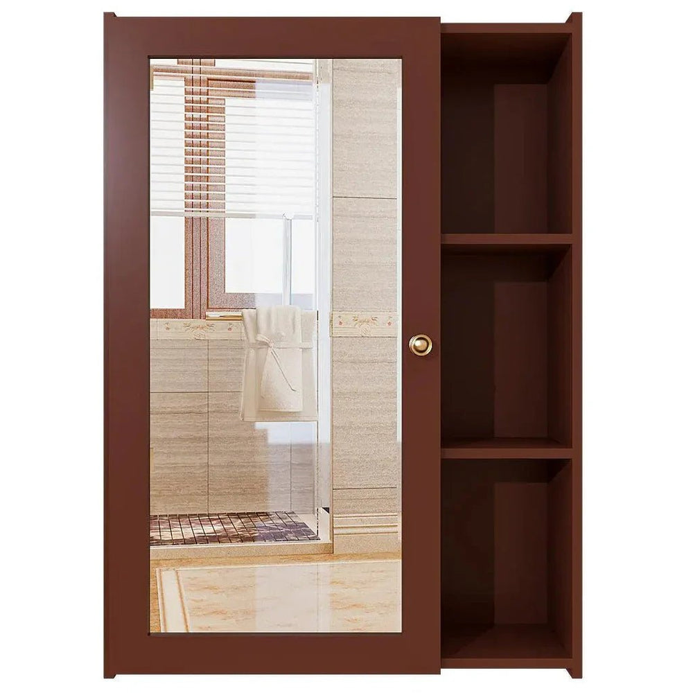 Solid Brown Wooden Bathroom Mirror Cabinet with 5 Spacious Shelves - All India Decor