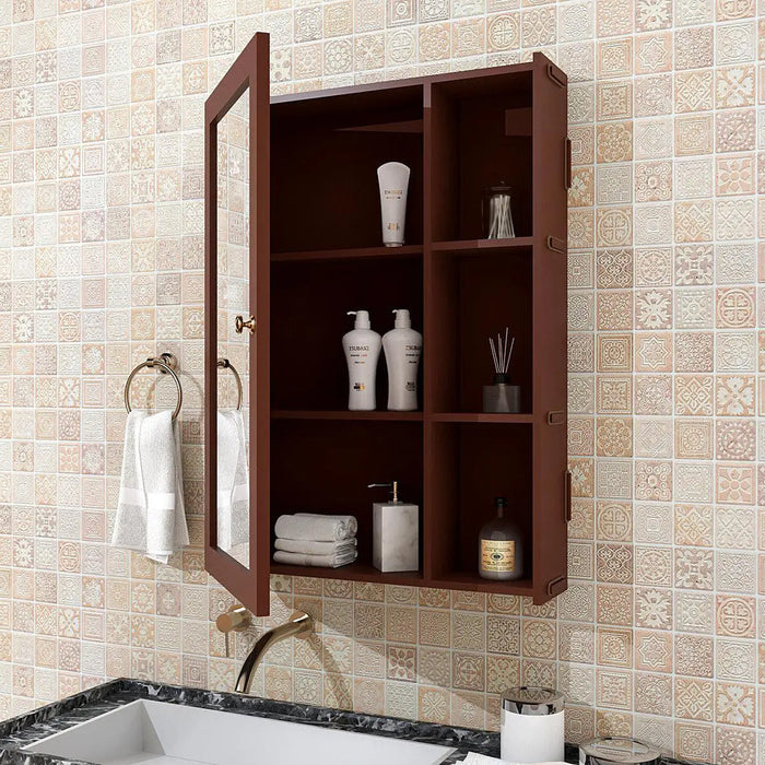 Solid Brown Wooden Bathroom Mirror Cabinet with 5 Spacious Shelves