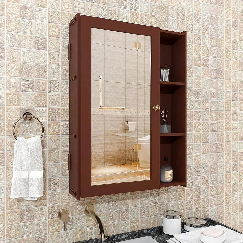 Solid Brown Wooden Bathroom Mirror Cabinet with 5 Spacious Shelves - All India Decor