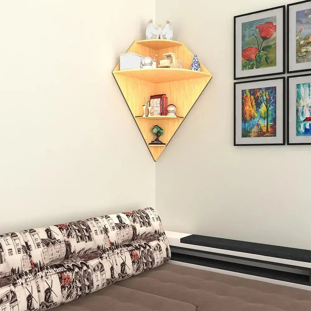 Diamond Shape Wood Corner Wall Shelf / Book Shelf, Oak Finish - All India Decor